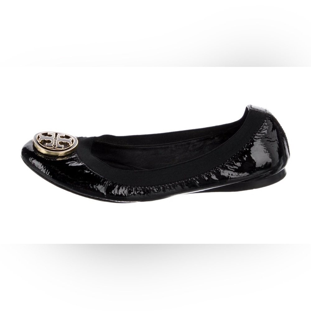 Tory Burch Black Patent Flats with Gold Emblem